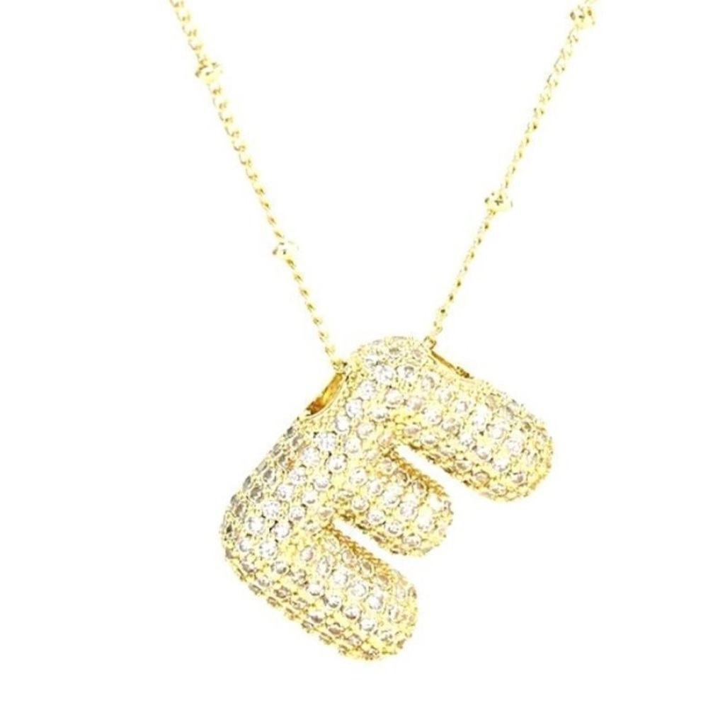 Gold Bubble Initial “E” Pendant Necklace CZ Pave Letter, 18” Chain, NWT